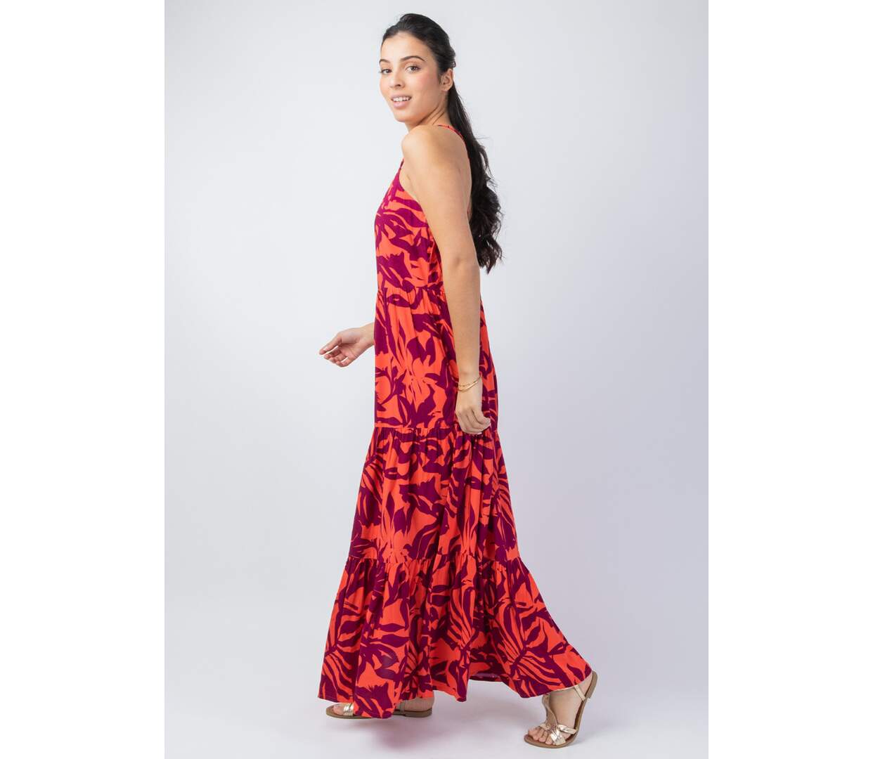 Robe longue bohème chic MONICA motif fleur de tiaré Coton Du Monde-2