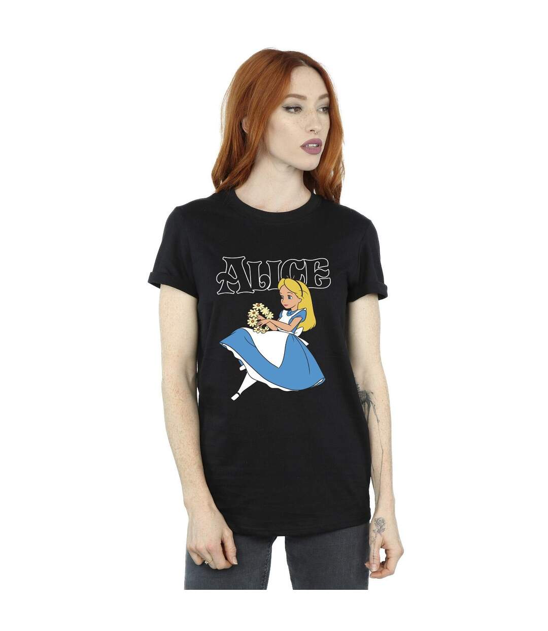 Disney Womens/Ladies Alice In Wonderland Flowers Cotton Boyfriend T-Shirt (Noir) - UTBI8706-2