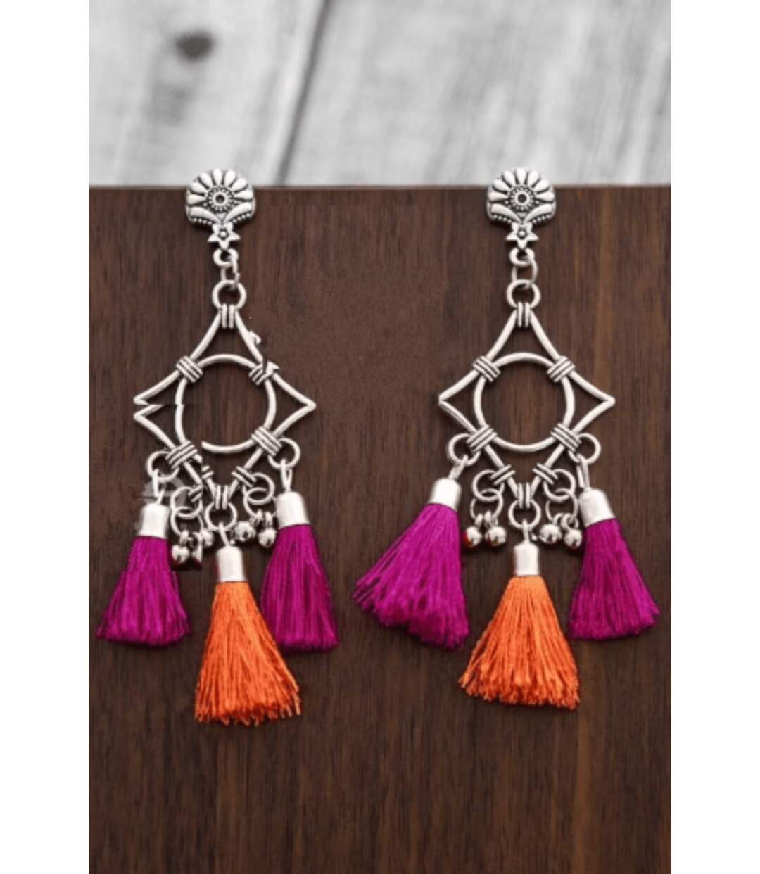 Long Geometric Pink Orange Oxidised Drop Ethnic Indian Bridal Tassel Danglers-2