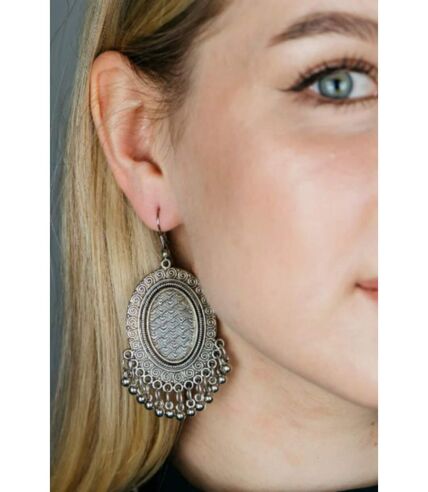 Silver Victorian Mirror Oval Dangle Oxidised Boho Ghungroo Drop Ethnic Earring