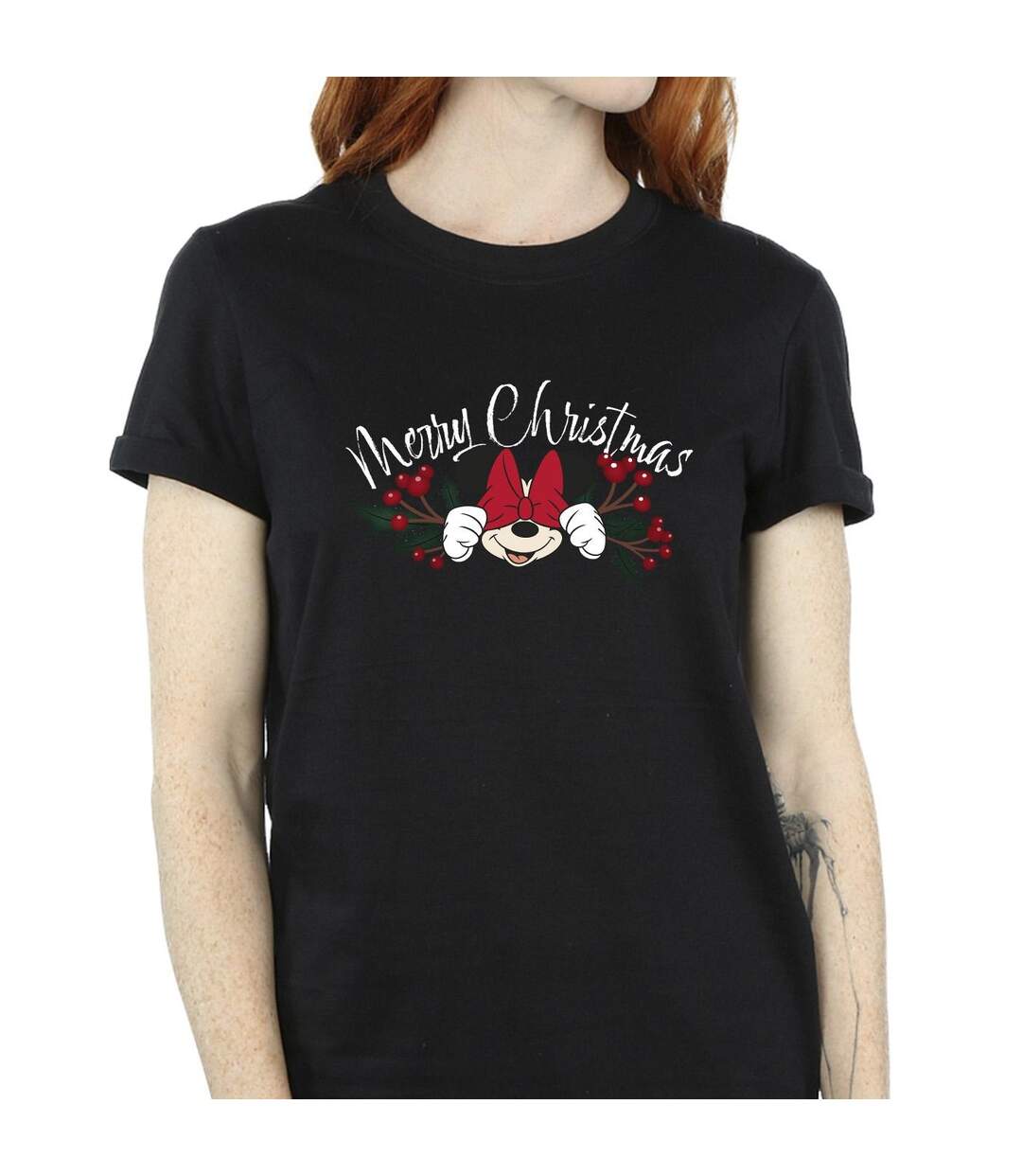 Disney Womens/Ladies Minnie Mouse Christmas Holly Cotton Boyfriend T-Shirt (Noir) - UTBI39296-3