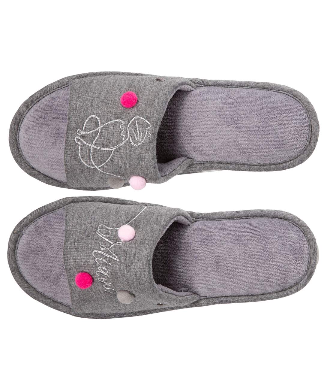 Isotoner Chaussons Mules ouvertes femme détails chat