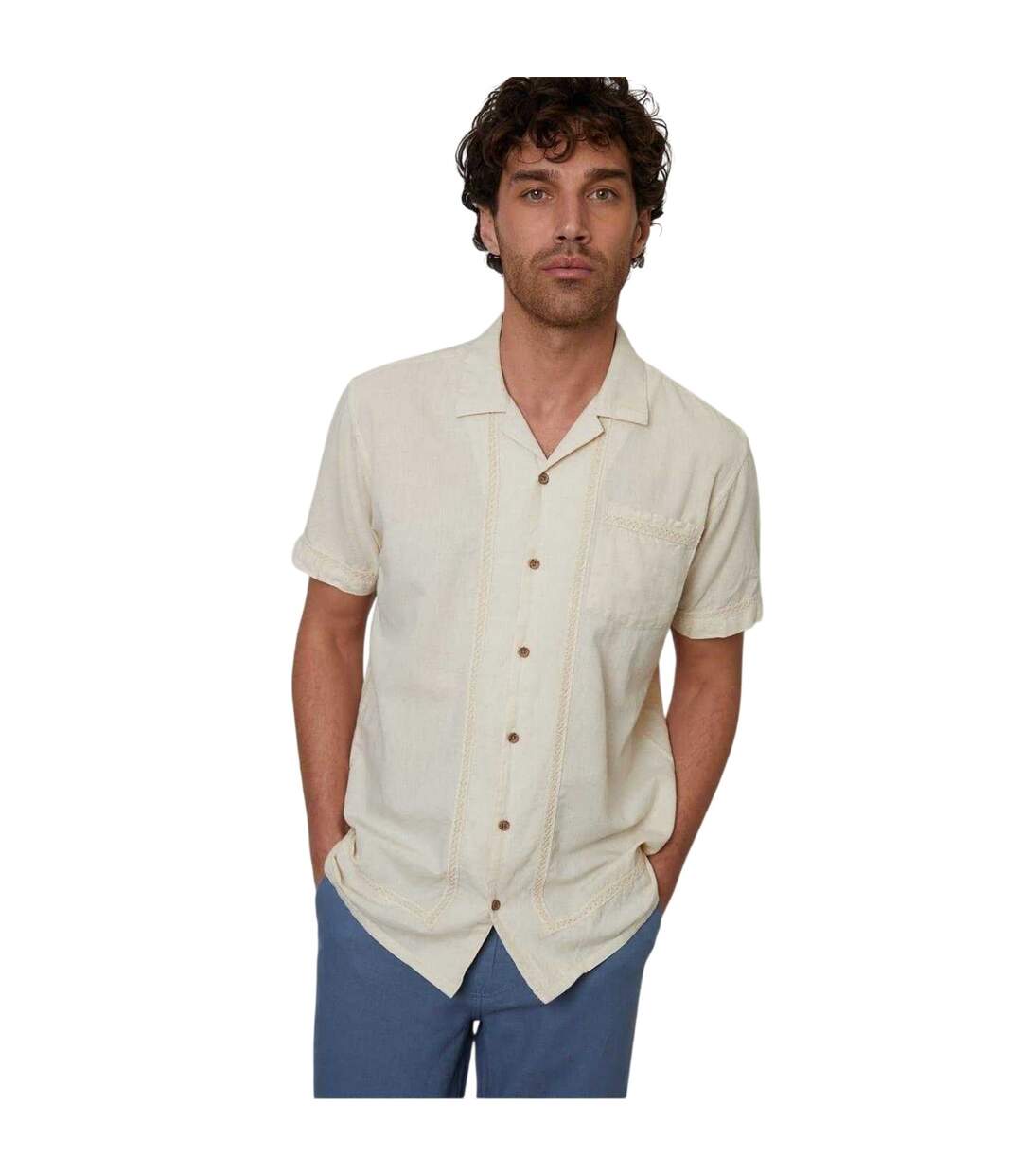 Mens Crochet Trim Short-sleeved Shirt Natural Threadbare-2