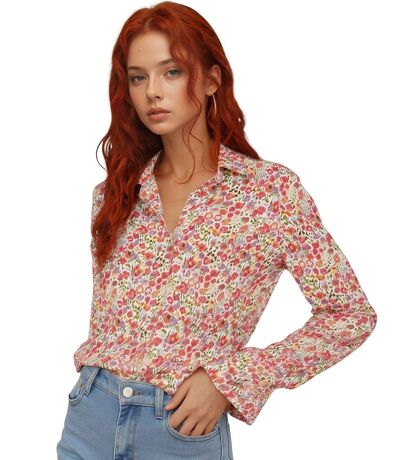Chemise Femme élégante à  Manches Longues Rouge avec Motif Floral