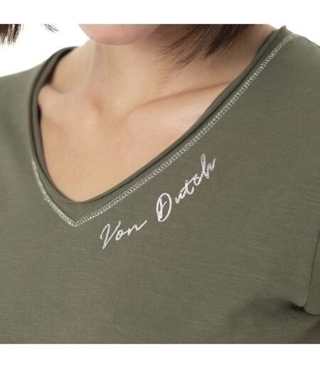 T-shirt femme col V flammé avec print devant et motif au dos Tulle Vondutch
