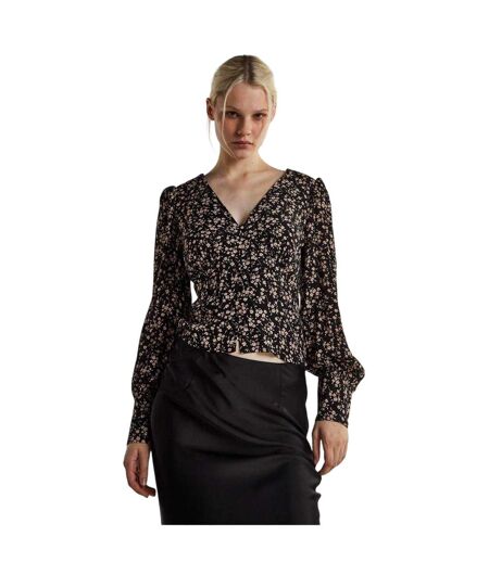 Womens/ladies Ditsy Print Button Front Puff Sleeve Top Black Glamorous