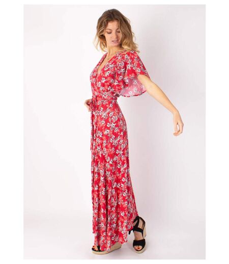 Robe longue SAKURA bohème imprimé fleuri rouge Coton Du Monde