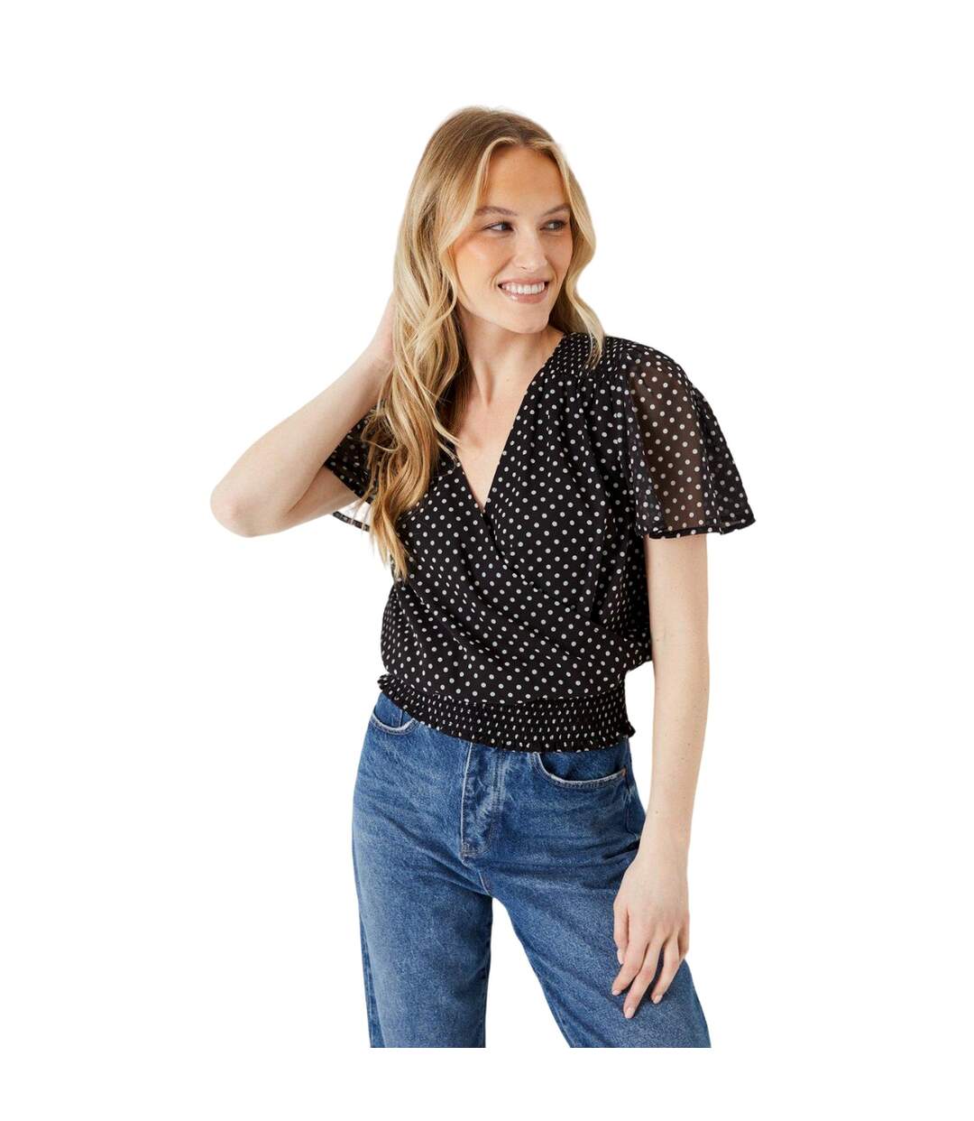 Womens/ladies polka dot chiffon shirred hem blouse black/white Dorothy Perkins-1