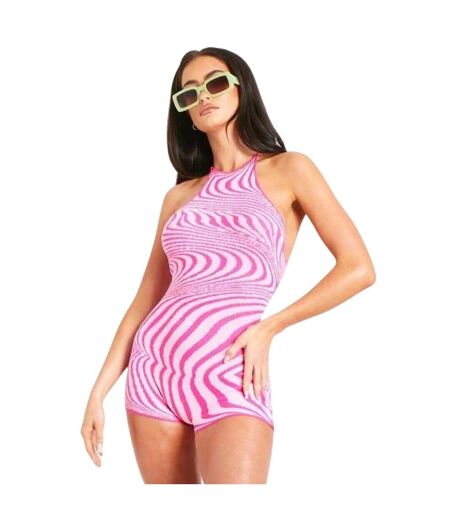 Womens/ladies Swirl Print Knitted Tie Neck Unitard Pink Missy Empire