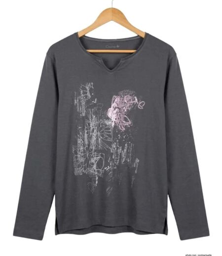 AXONE CHALON1G - Tee-shirt gris manches longues col V avec imprimé devant et fentes latérales