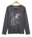 AXONE CHALON1G - Tee-shirt gris manches longues col V avec imprimé devant et fentes latérales-2