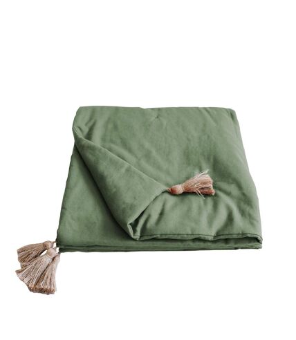 Edredon en coton avec pompons 190x90cm - Vert argile