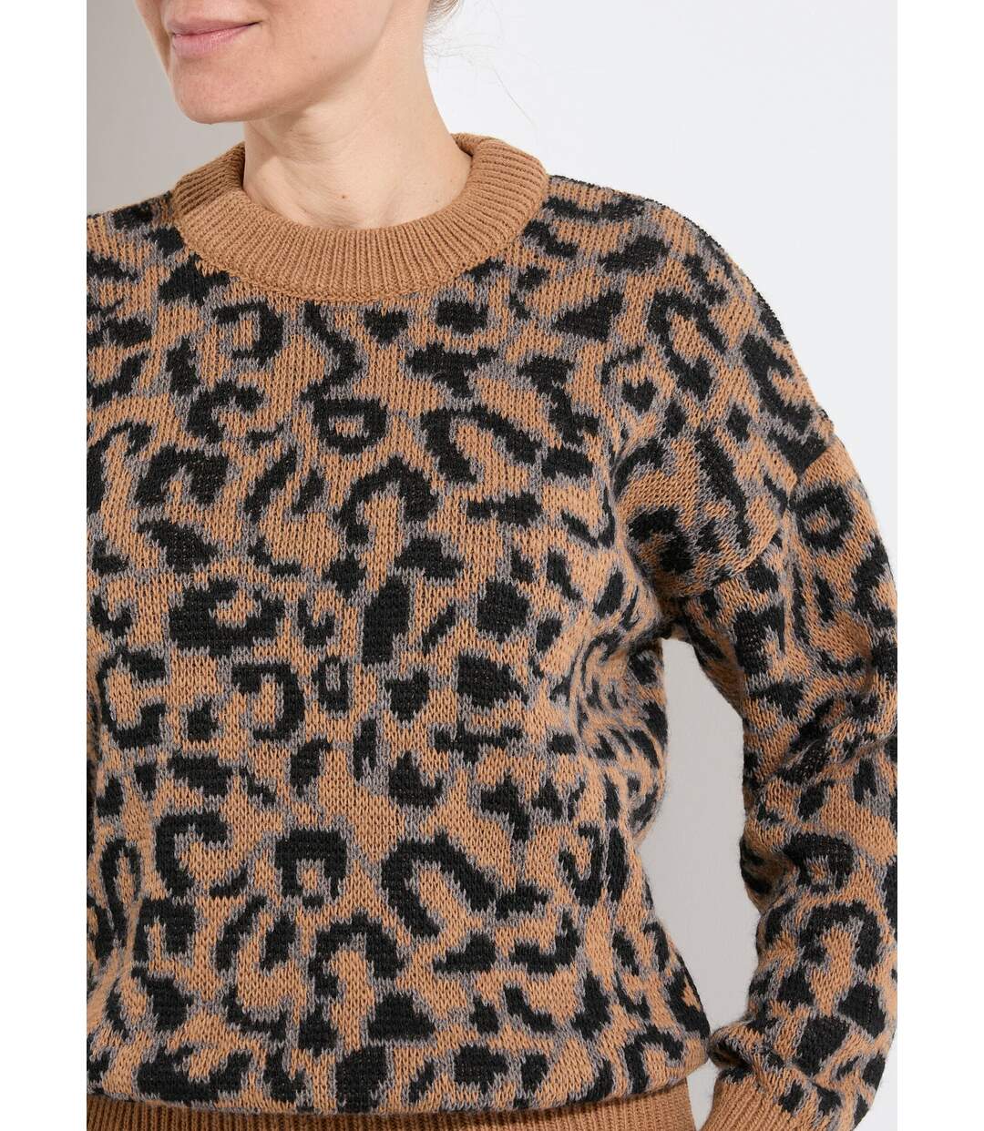 Pull motif léopard col montant manches longues-4