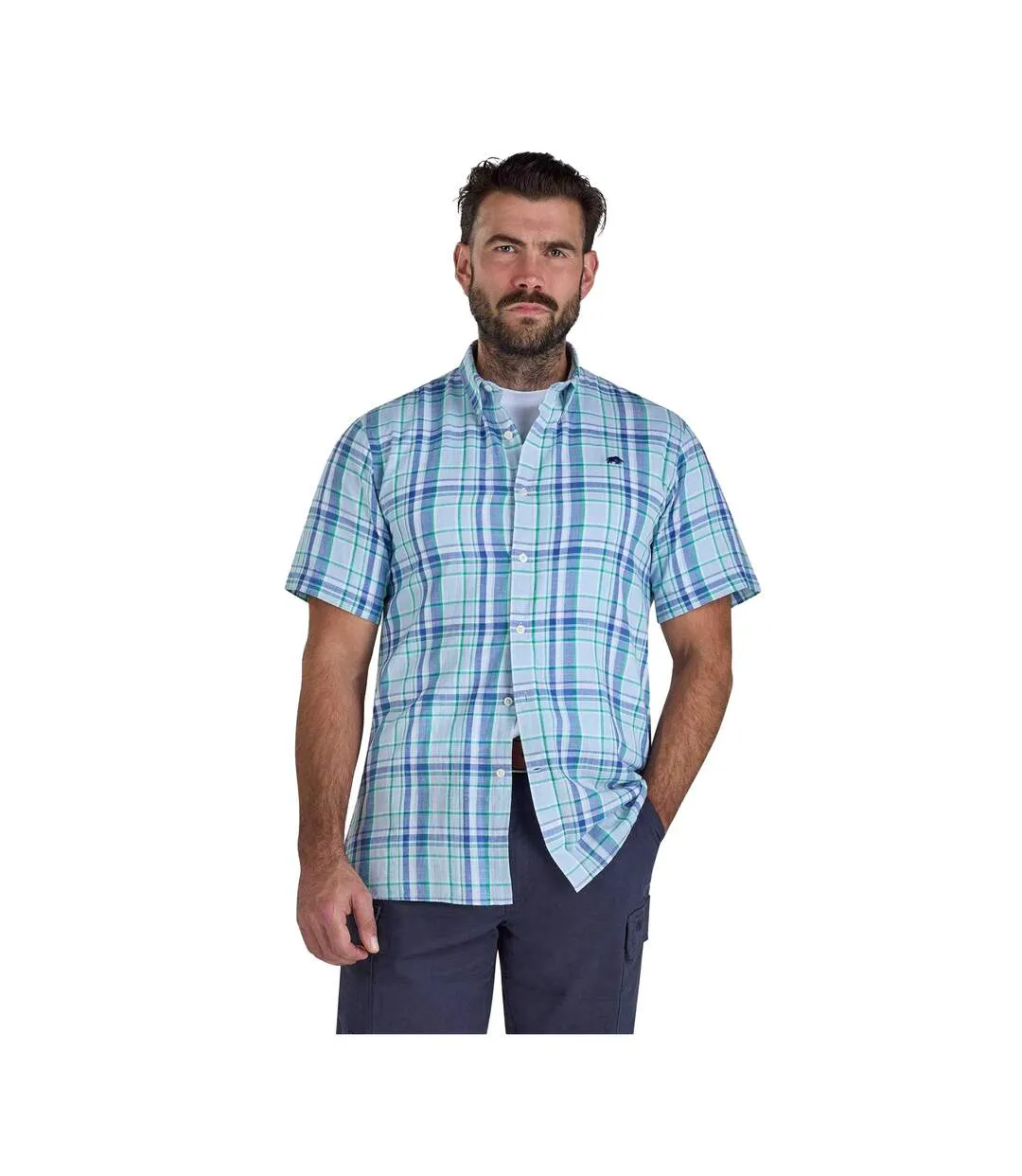 Mens Pacific Checked Linen-look Short-sleeved Shirt Sky Blue Raging Bull-2