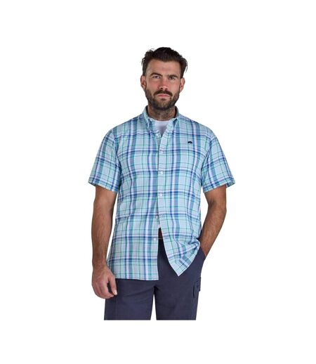 Mens Pacific Checked Linen-look Short-sleeved Shirt Sky Blue Raging Bull
