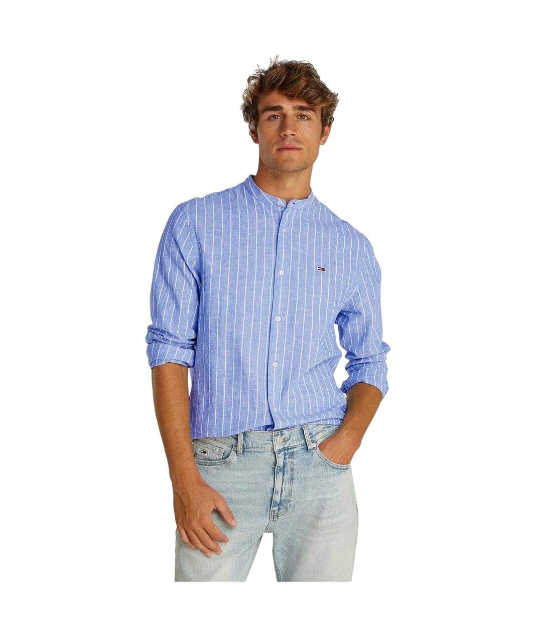 Mens Linen Long-sleeved Shirt Blue Ecru Tommy Jeans-3