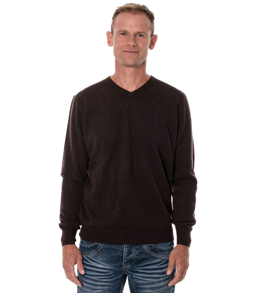 Pull homme laine de yak col V marron-2