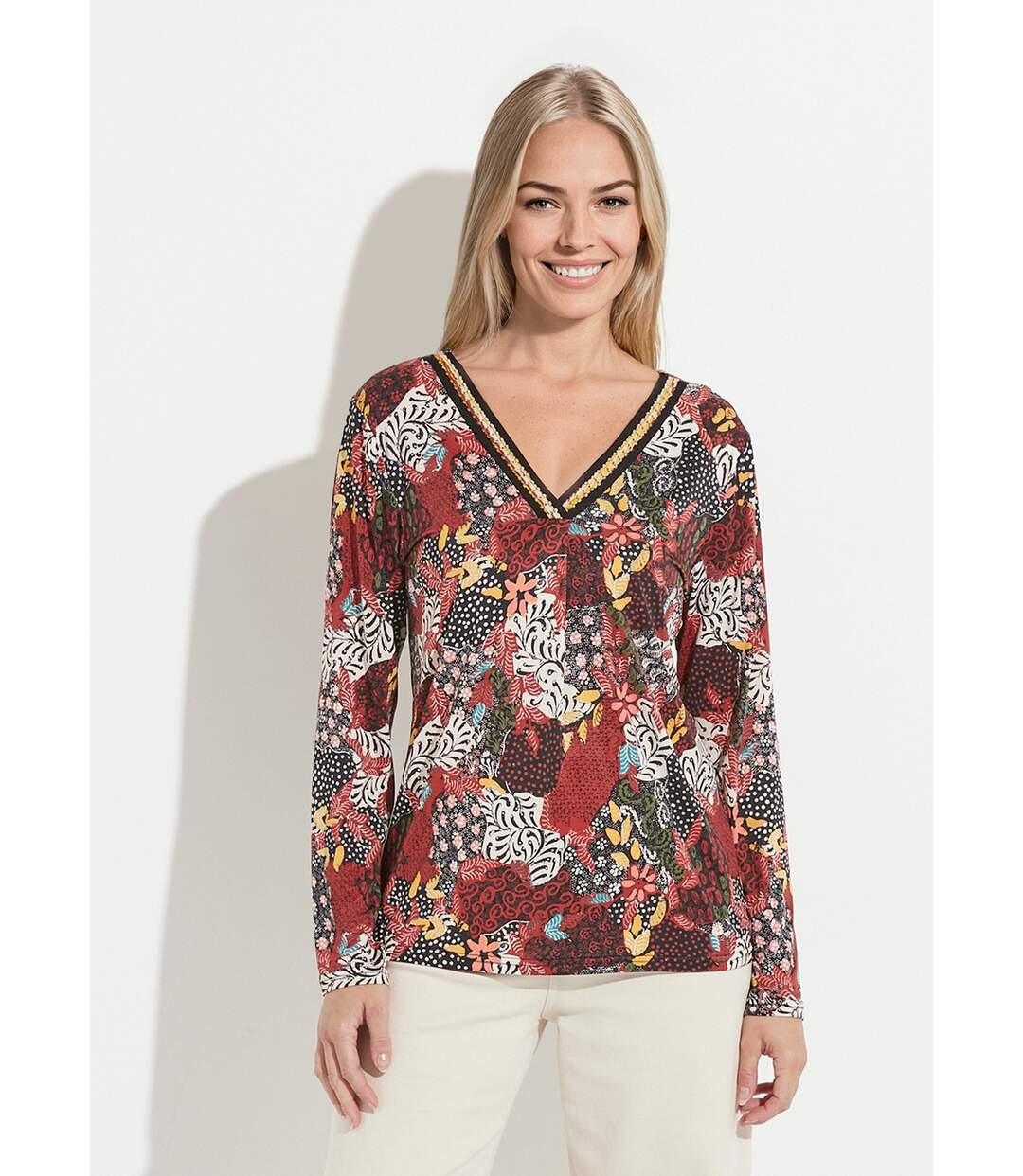 T-shirt long ample imprimé col V manches longues-1