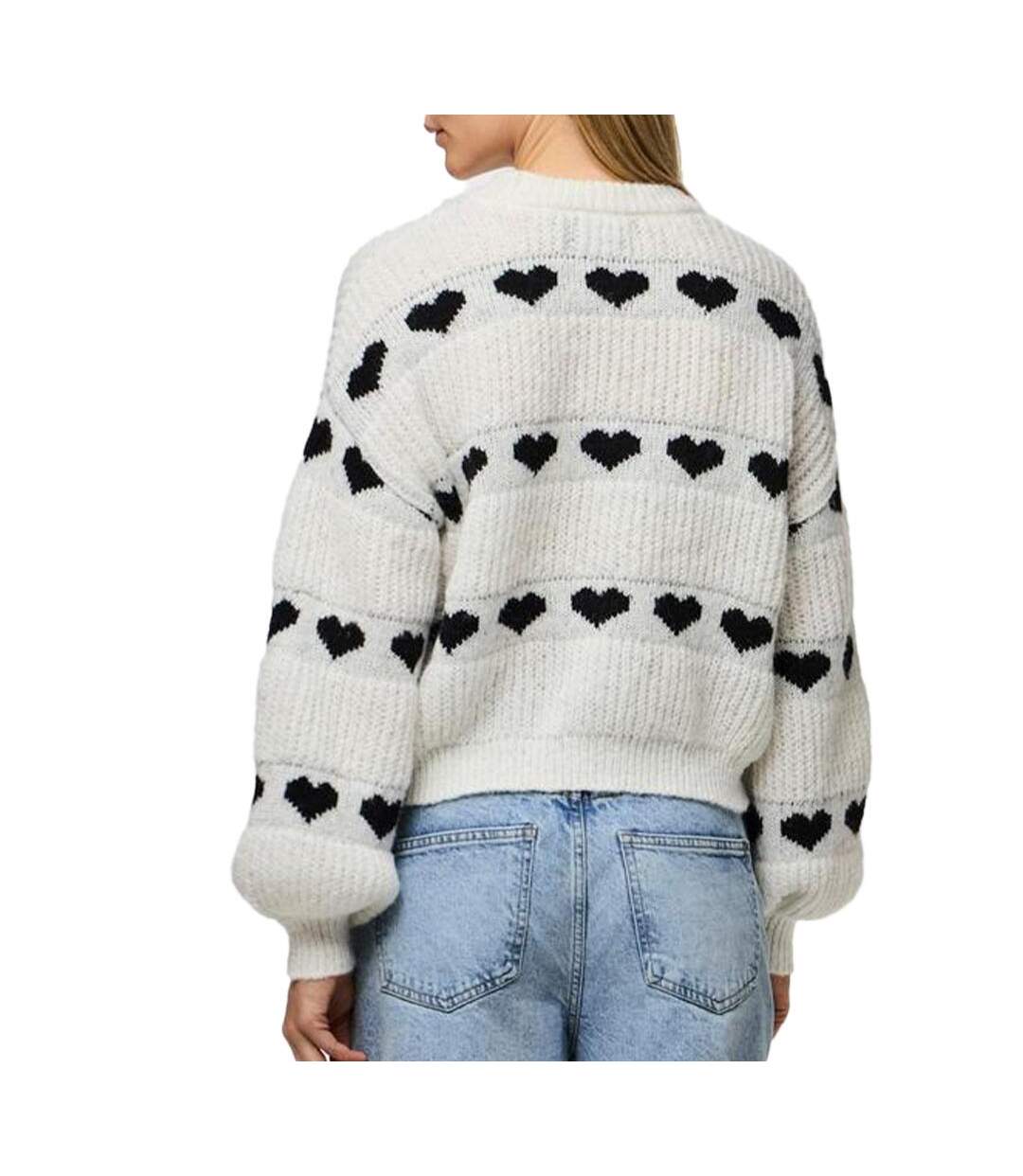 Pull Blanc/Noir Coeur Femme Pieces Nove - L