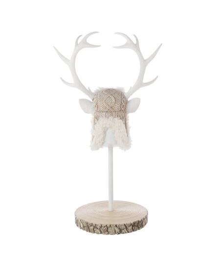 Tête de Cerf sur Socle Imitation Fourrure 52cm Écru