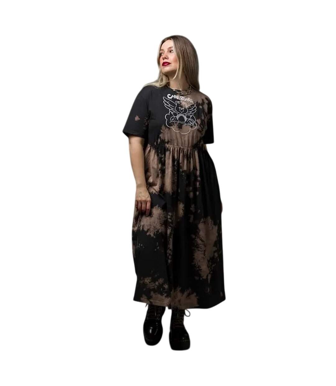 Womens/ladies Bad Angel Midi Tie Dye Smock Dress Black Care Bears-1