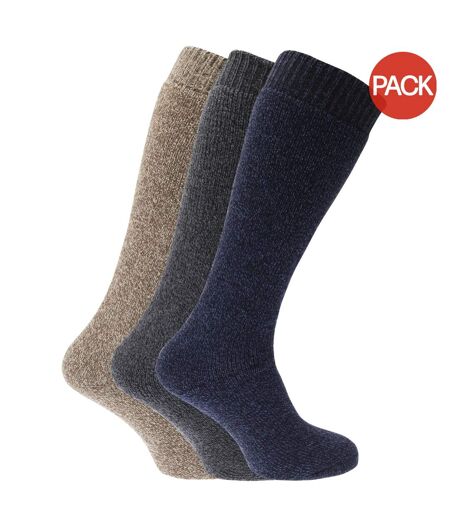 Lot de 3 Chaussettes pour bottes en caoutchouc en mélange de laine paires homme marron/bleu/gris foncé Universal Textiles