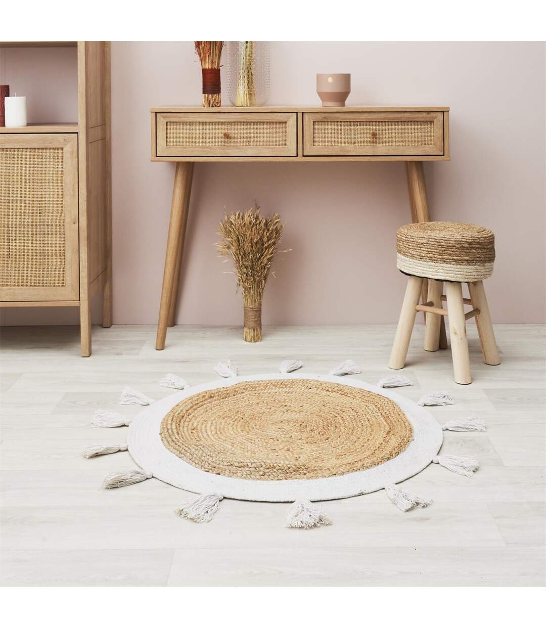 Tapis Rond en Jute Pompons 80cm Blanc-2