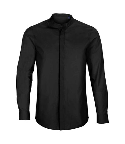NEOBLU Mens Poplin Bart Mao Collar Long-Sleeved Formal Shirt (Deep Black)