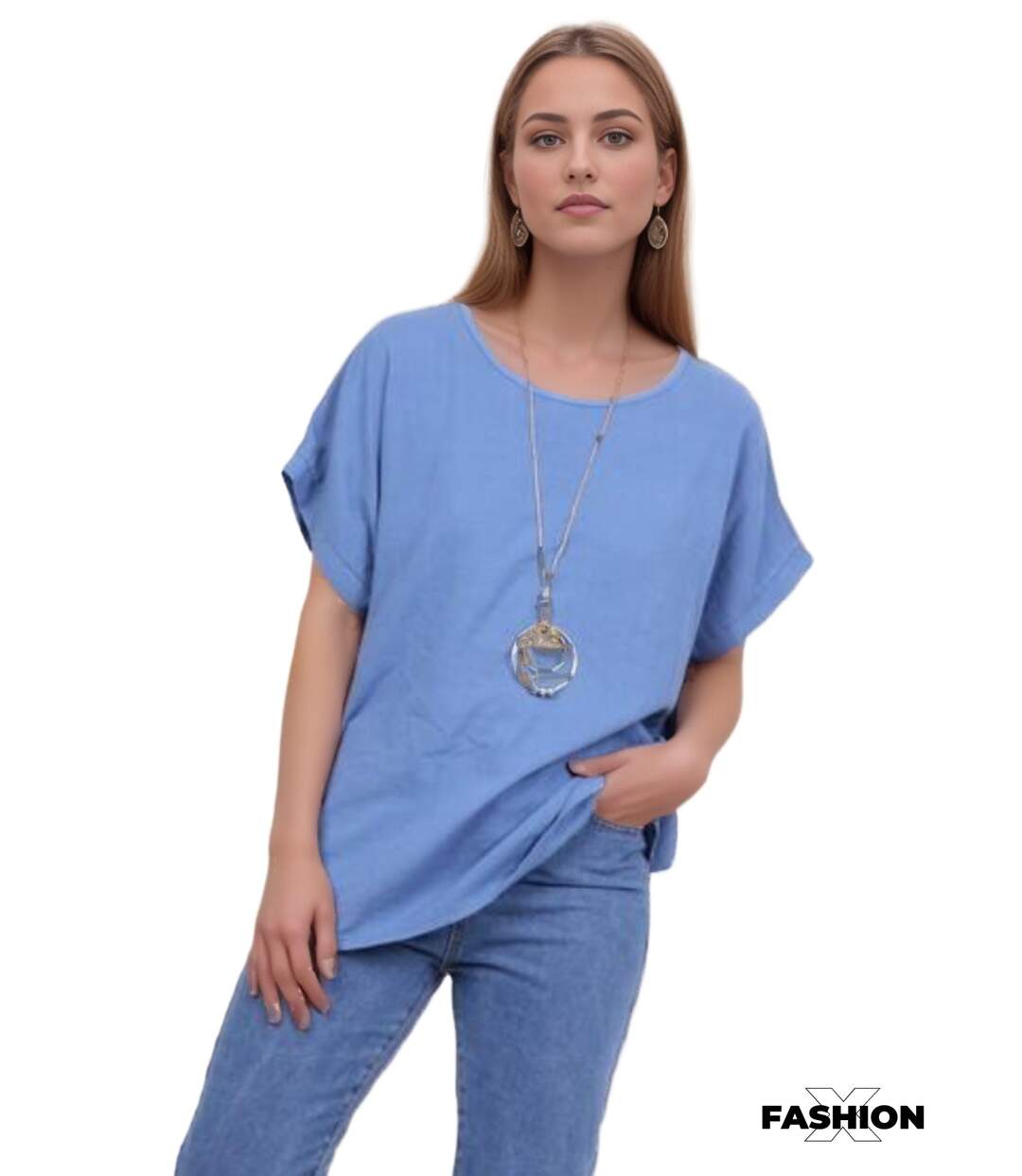 Tee shirt femme manches courtes - Col rond - Couleur bleu