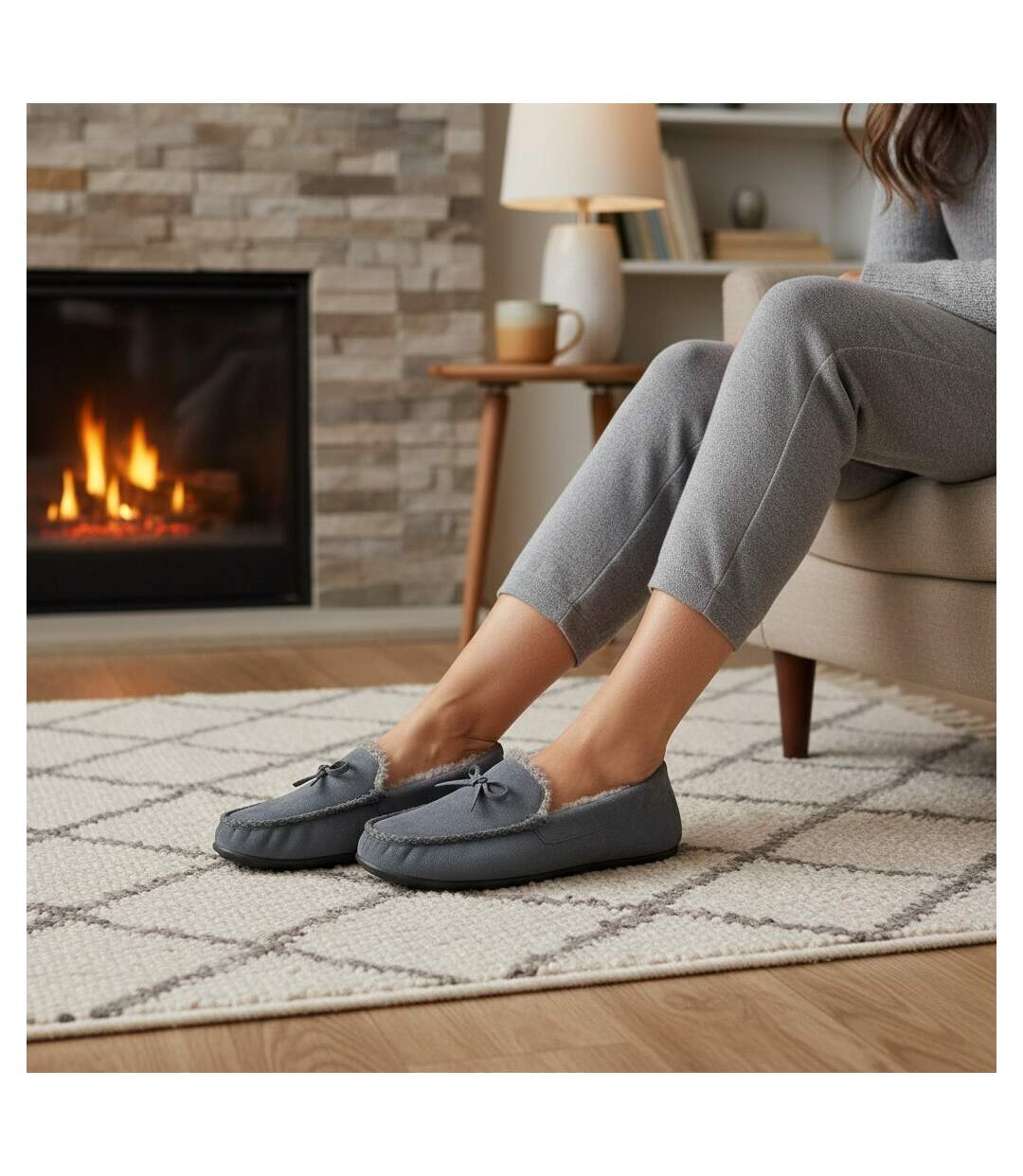OZABI Chaussons Femme Fermés, Suédine Unie, Nœud, Intérieur Fourré-2