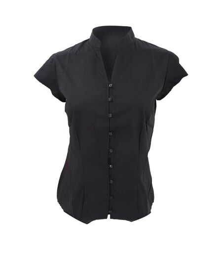 Kustom Kit Ladies Continental Blouse Mandarin Collar Cap Sleeve (Black) - UTBC631