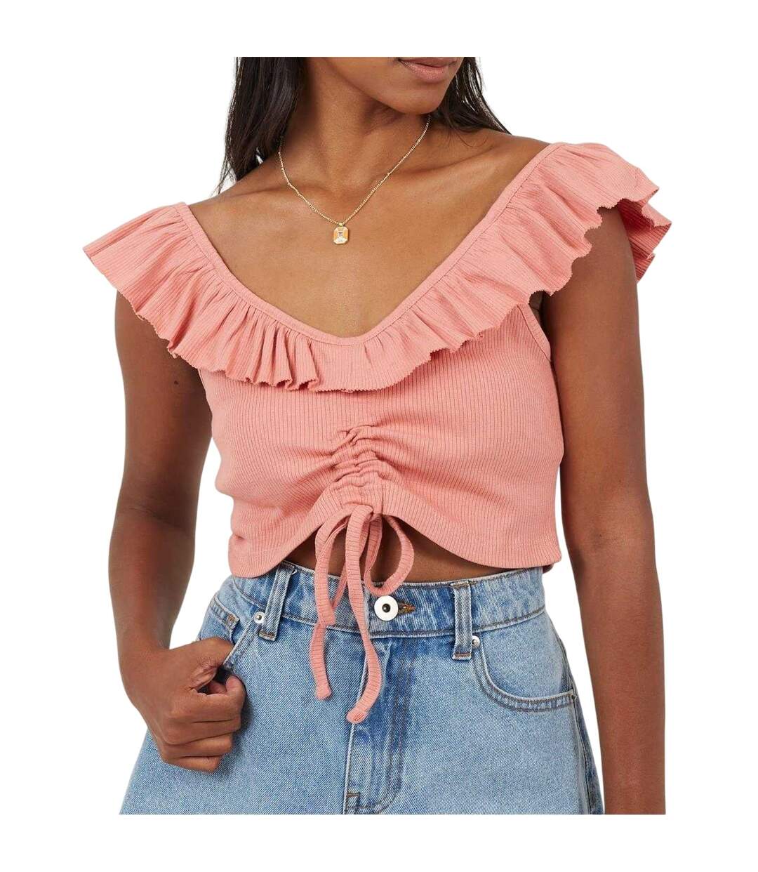 Womens/ladies Frill Cropped Vest Top Salmon Brave Soul-1
