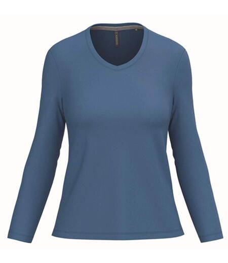 T-shirt manches longues col V - Femme - K382 - bleu roi light