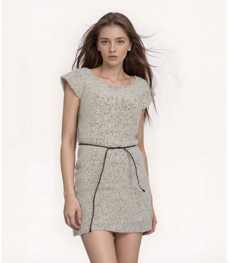 Robe Beige Chinée Sans Manches Femme, Longueur Genoux, Col Bateau, Ceinture Incluse, Doublée