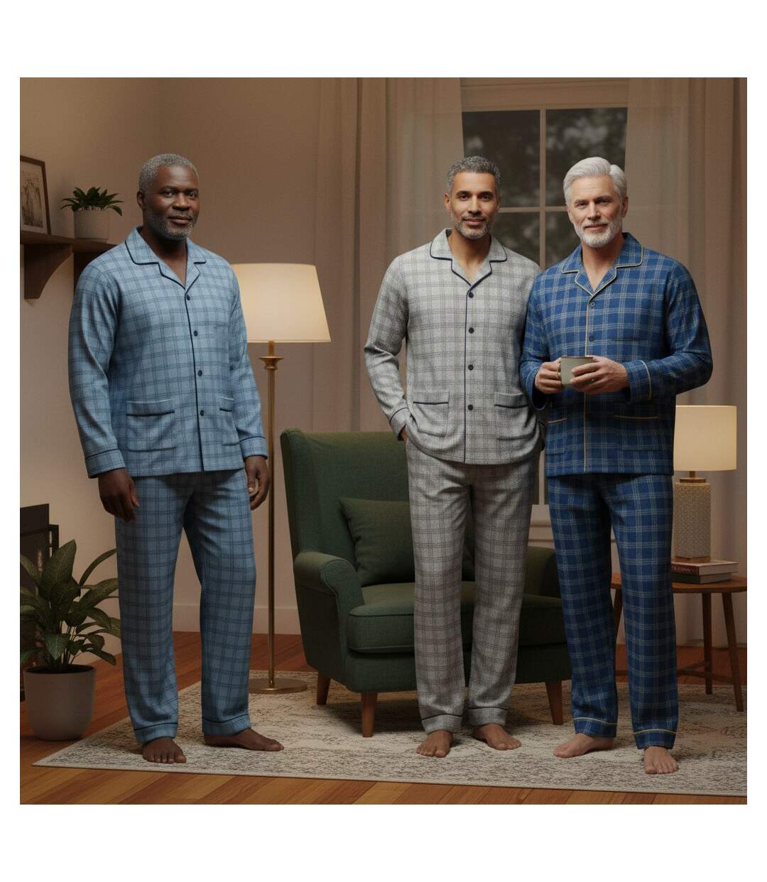 OZABI Pyjama Homme Boutonné Pack de 3, Coton Doublé Polaire, Manches Longues-4