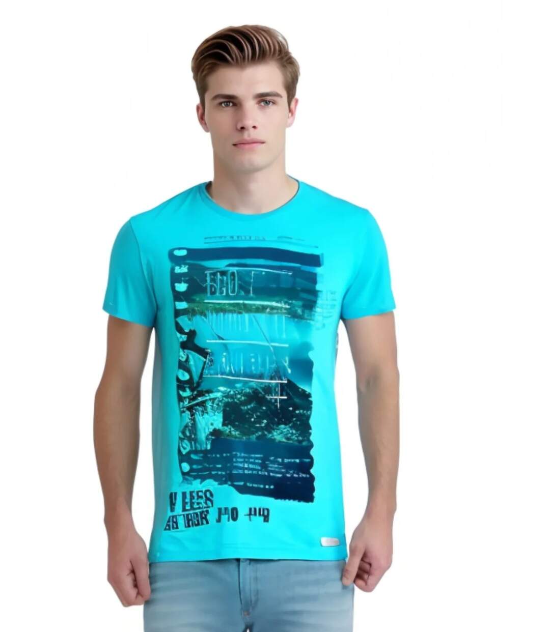 Tee shirt homme manches courtes de couleur bleu col rond motif imprimé-1