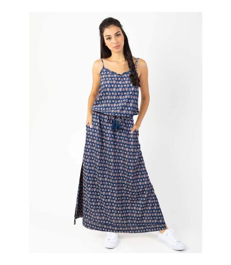 Robe longue fendue fines bretelles ALBA imprimé ethnique bleu Coton Du Monde