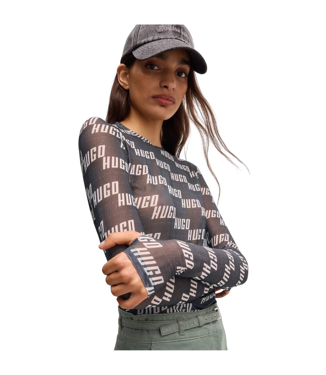 Womens/ladies Lettering Slim Long-sleeved T-shirt Brown Hugo-3