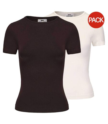 Pack Of 2  Womens/ladies Crew Neck Slim T-shirt  Chocolate White Slazenger