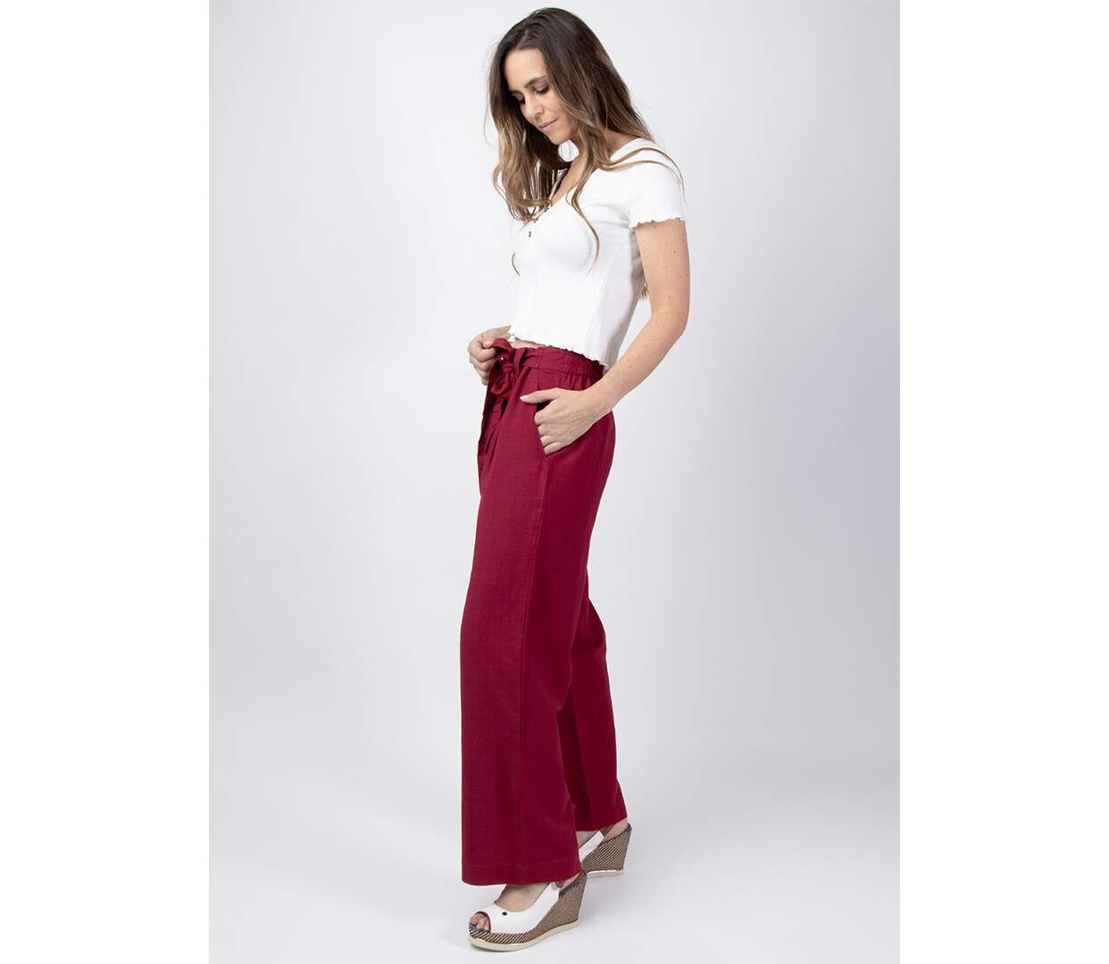 Pantalon uni en coton mélangé SHERINE framboise Coton Du Monde-3