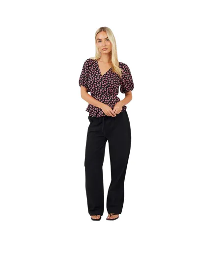 Womens/ladies V Neck Puff Sleeve Wrap Top Black Pink Brave Soul