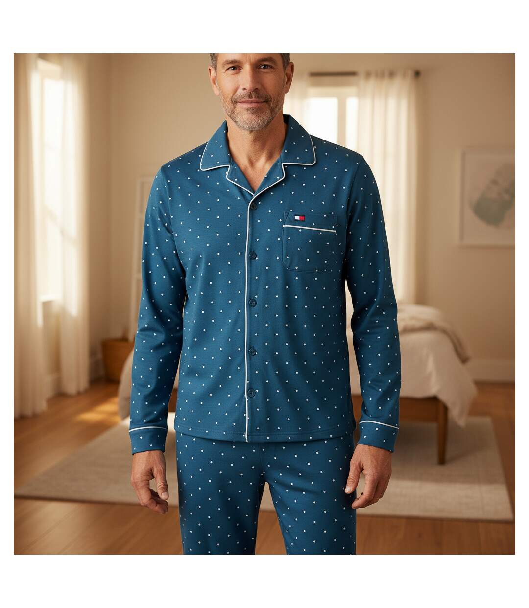 OZABI Ensemble Pyjama Homme Doublé Polaire Boutonné Petits Pois-2