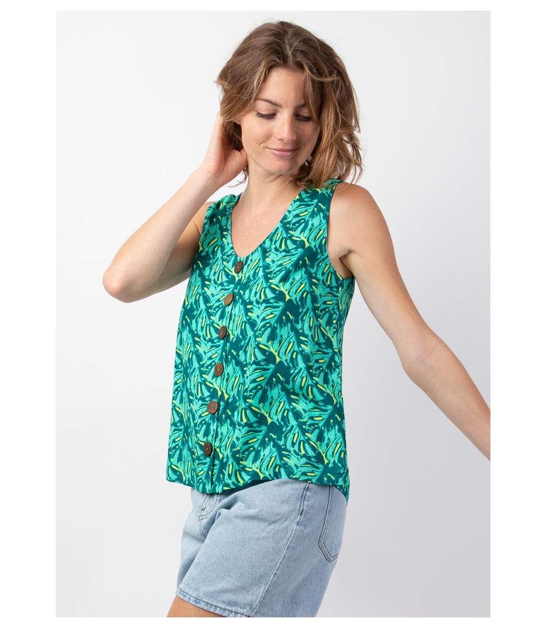 Top femme ethnique IVANOE motif tropical vert Coton Du Monde