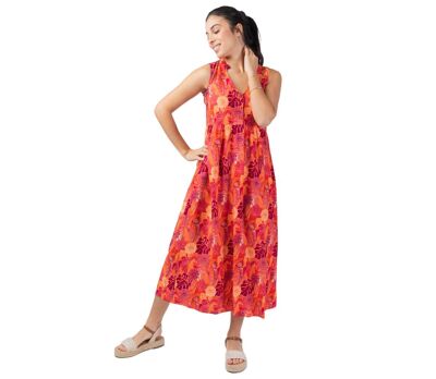 Robe longue été coupe ample Veronica orange fleuri Coton Du Monde