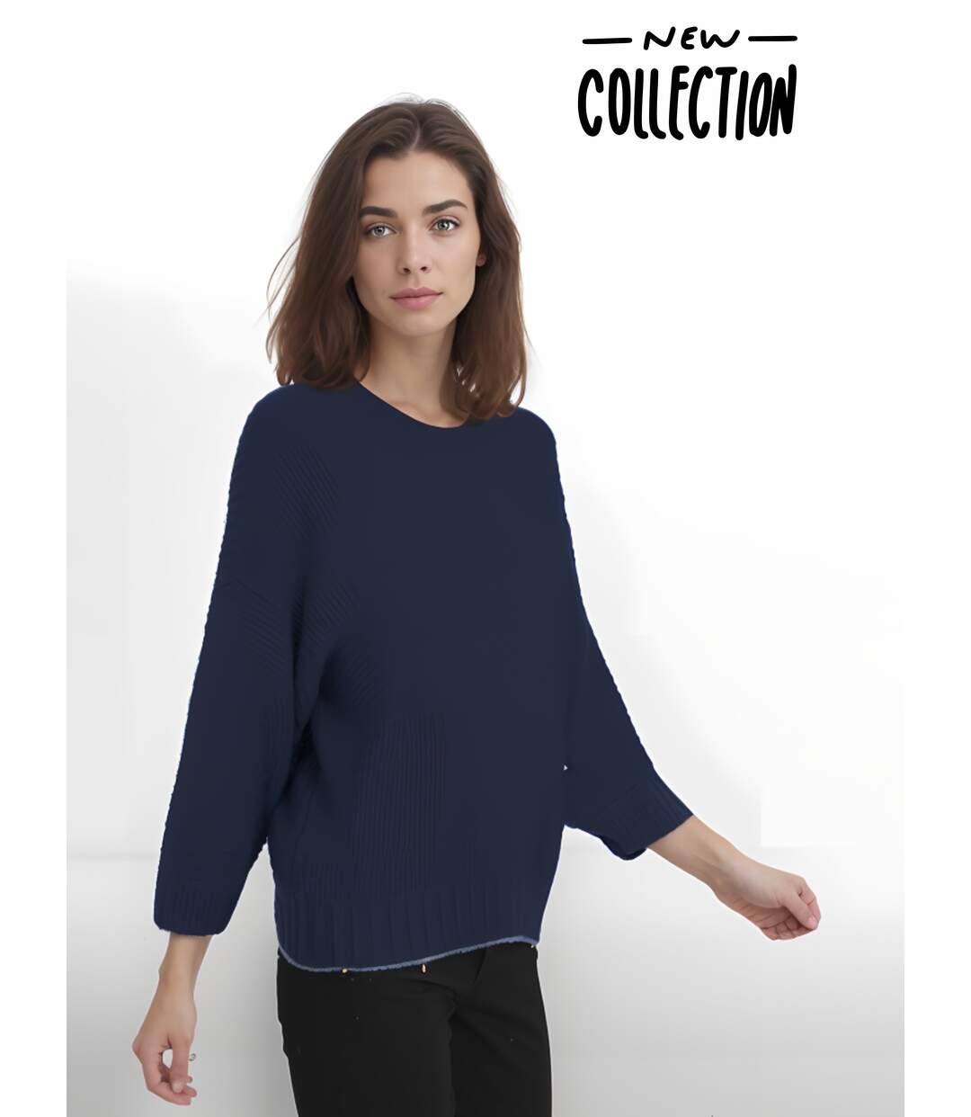 Pull femme manches longues - Couleur bleu jean - Col en pointe-3