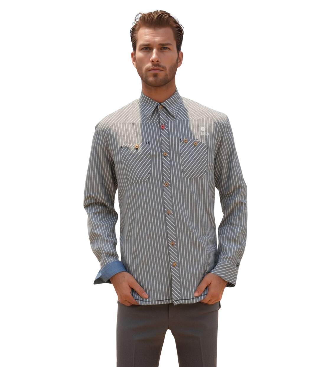 Chemise Masculine Grise à  Rayures avec 2 Poches poitrine-1