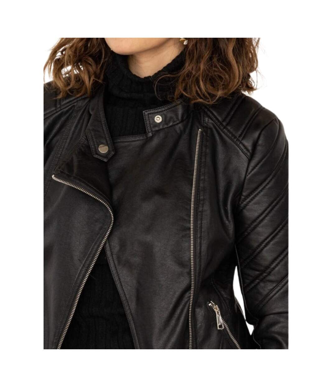 Blouson femme manches longues de couleur noir - PVC imitation cuir