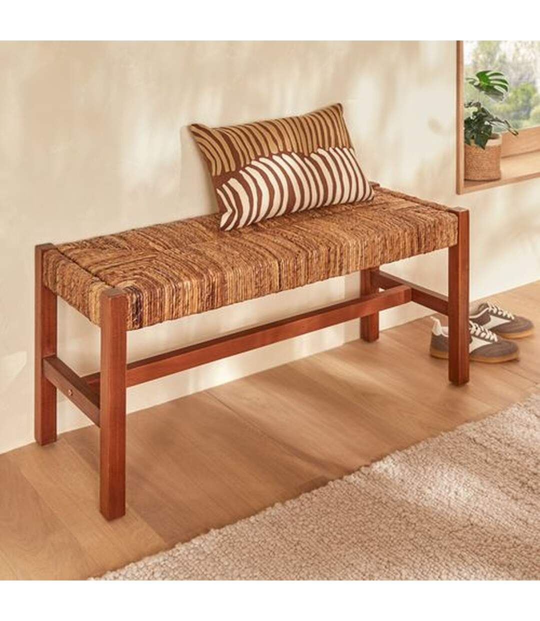 Banc 2 places avec assise tressée en bois SIDOAN - Marron-2