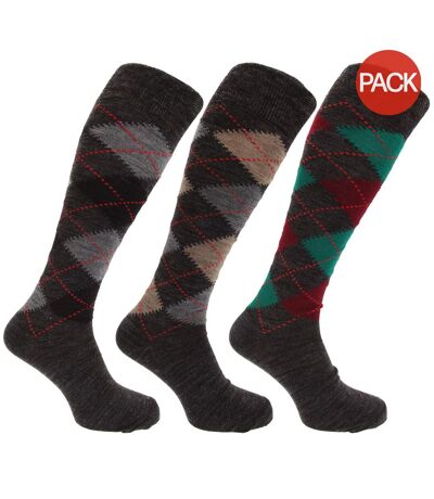 Mens Traditional Argyle Pattern Long Length Lambs Wool Blend Socks (Pack Of 3) (Shades of Grey) - UTMB277