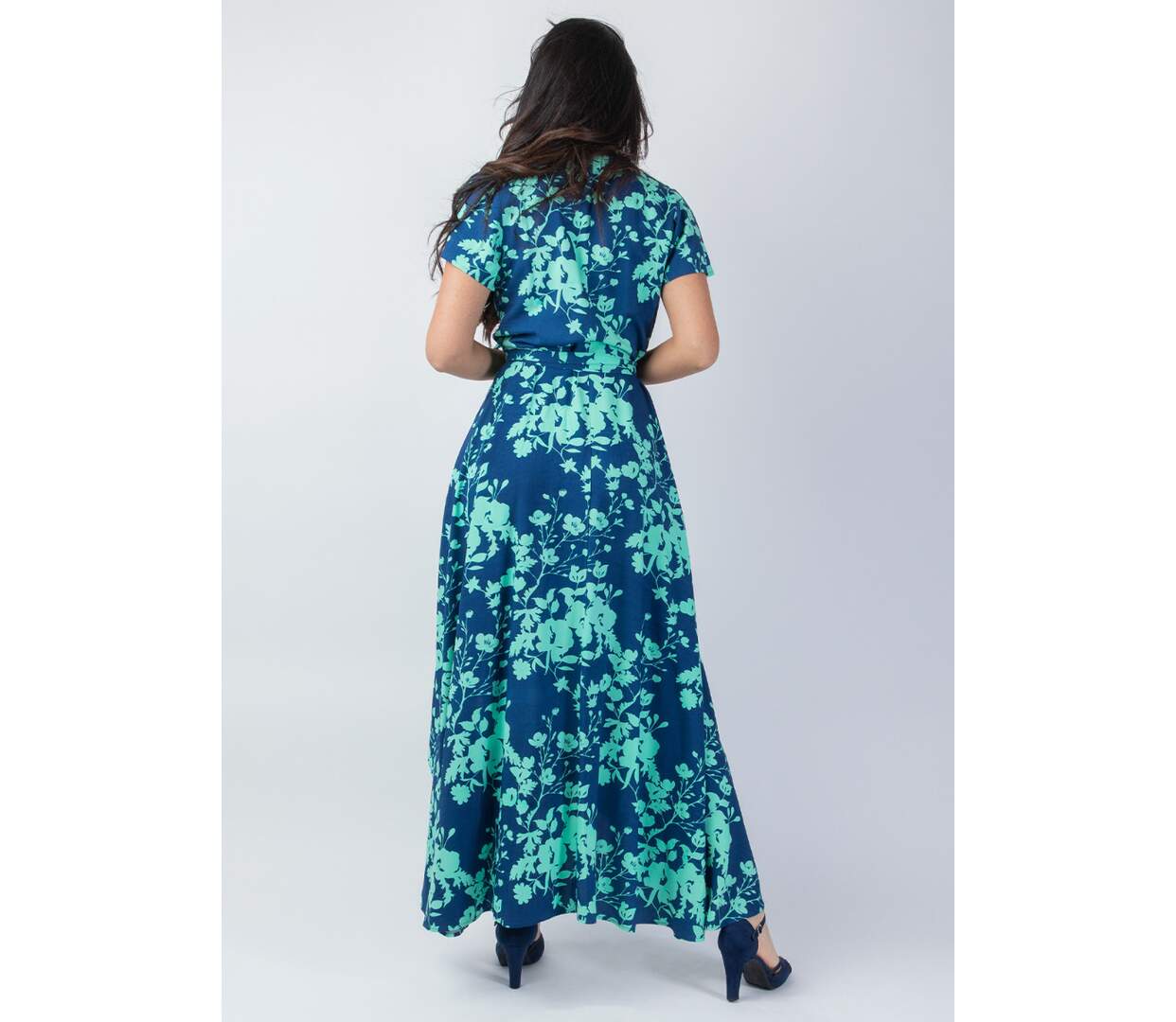 Robe longue viscose SAKURA imprimé marine et turquoise Coton Du Monde-4